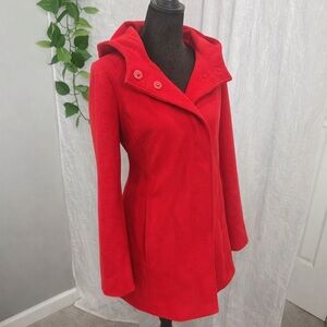 NWOT Red Wool Blend Hooded Pea Coat ❤️